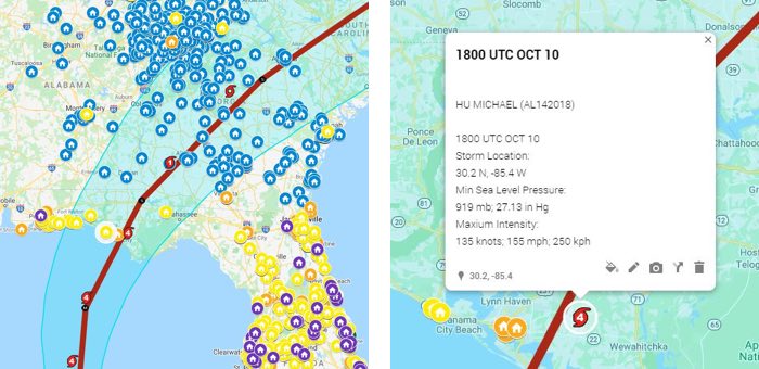 Two maps showing storm track through location points and info pane descibing storm